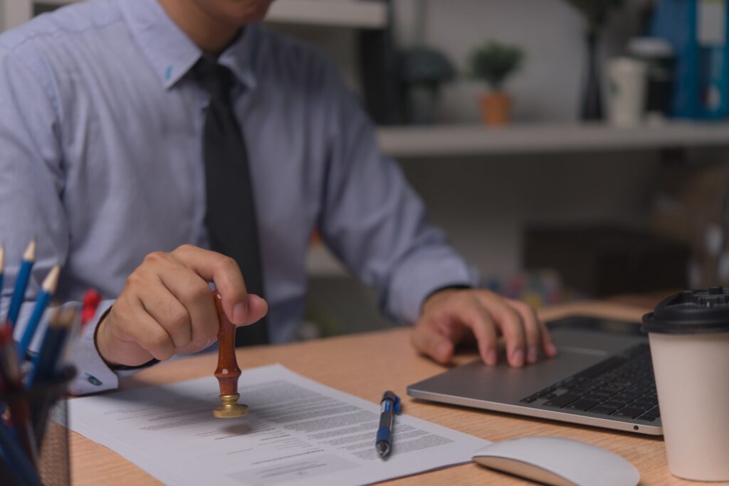 Contract law or paper work business and finance document rubber stamp. For official and legal